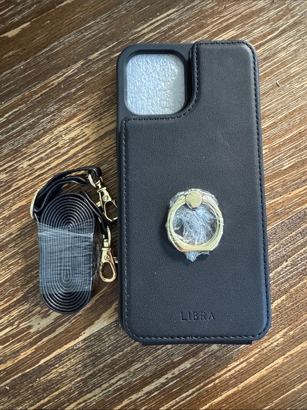 Black Leatherette Phone Case and Wallet with Gold Ring Holder and Strap